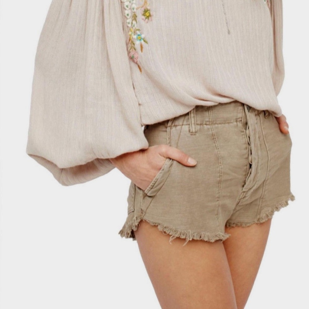 COPY - Free People Raw Patched Standoff Frayed Hem Denim Shorts Beige